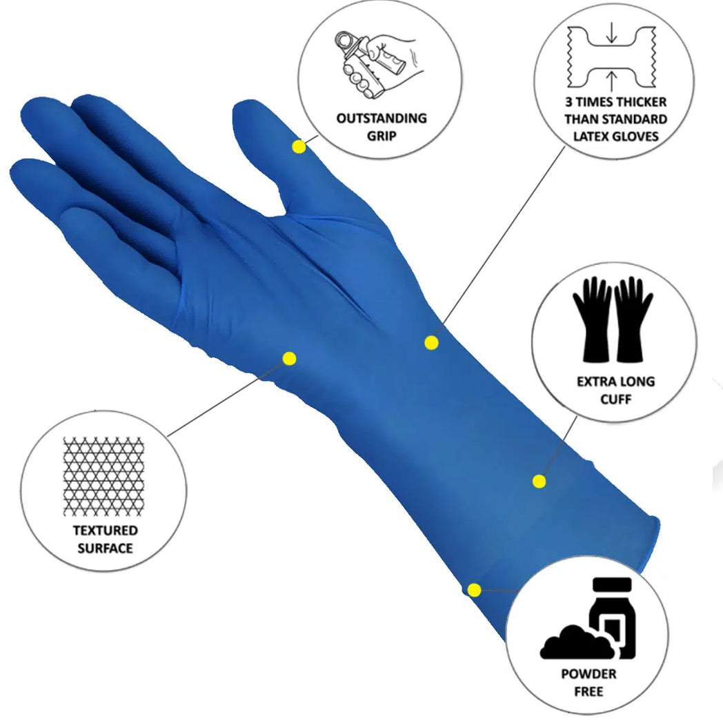 HR Examination Gloves are ideal for the user who requires protection in hazardous, non-hazardous and hi-risk applications and environments where there is greater risk of contamination for the wearer. The Securitex HR is a premium quality glove that is three times thicker than standard Latex Gloves and the extra long cuff provides extended protection.  The premium choice for cipp drain rehabilitation, inversion lining and all pipe relining works.